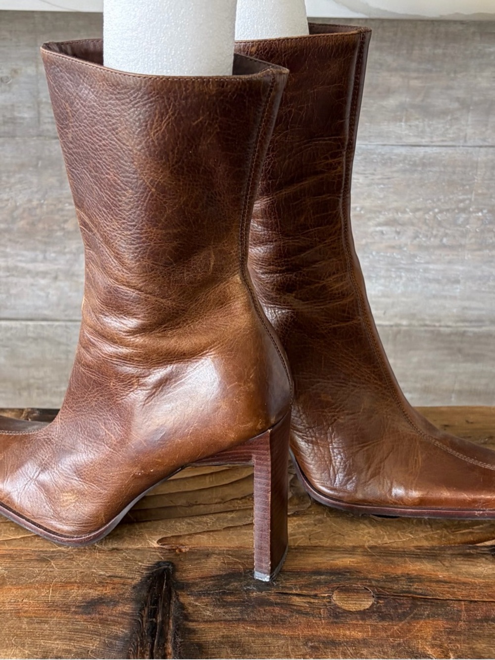 Brown Leather Mid-Calf Square-Toe Heel Boots - Picture 5 of 6